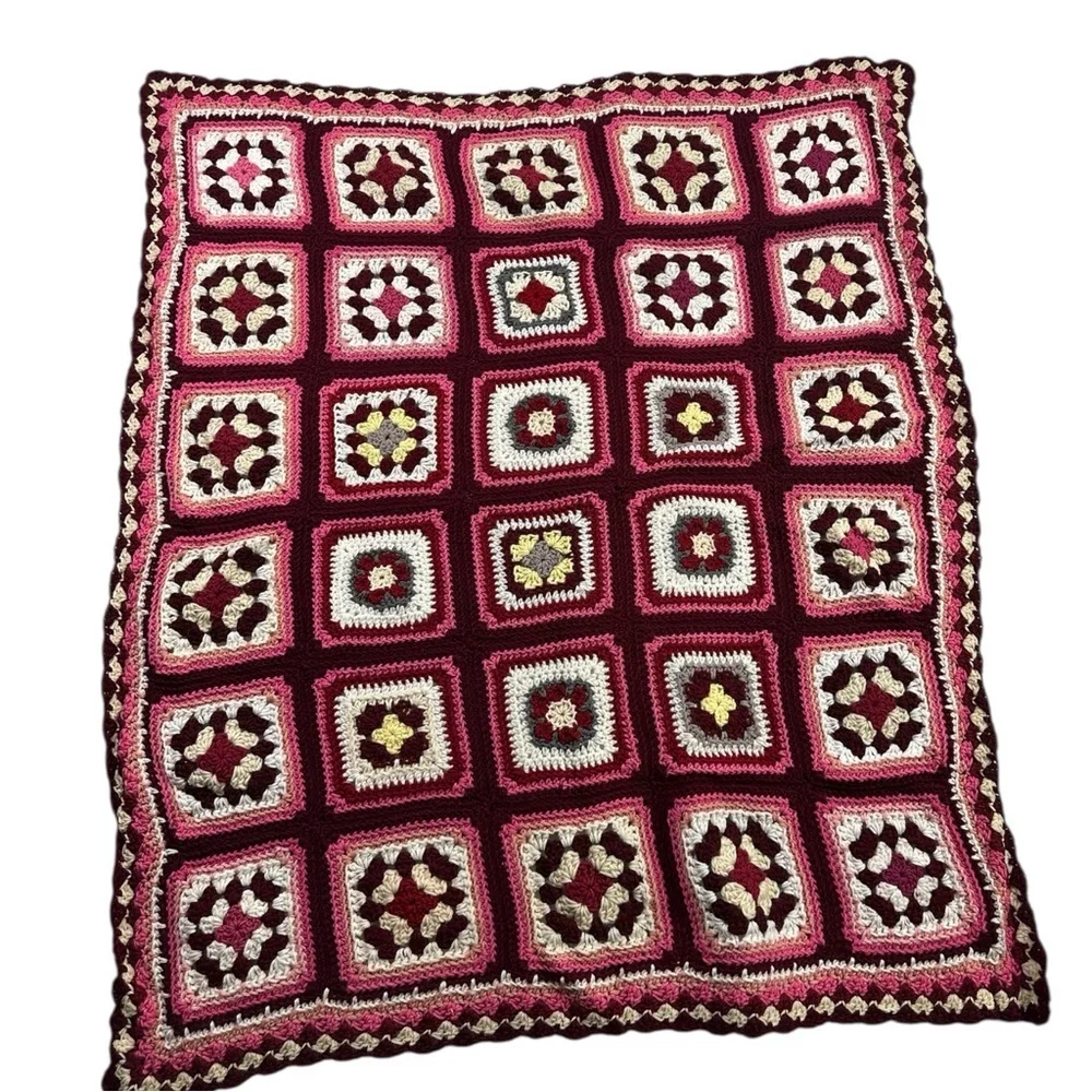 Handmade Crochet Granny Square Afghan Throw Blanket 42x52